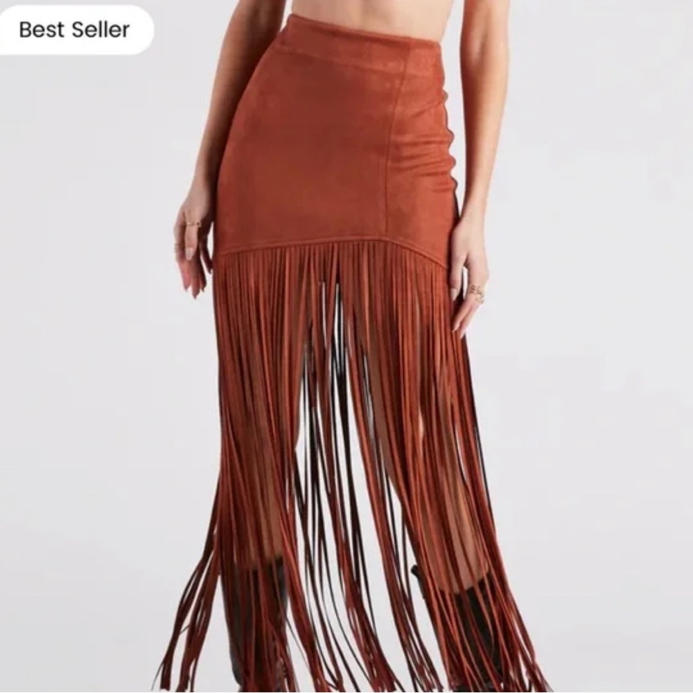 Rust-colored long fringe skirt